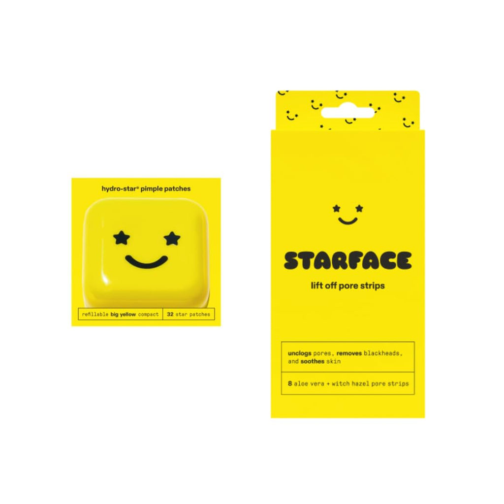 Starface World Hydro-Star Hydrocolloid Pimple Patches (32 ct) with Big Yellow Compact and Lift Off Pore Strips for Blackheads and Clogged Pores (8 ct)