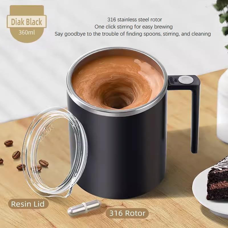 Electric Mixing Mug,Electric Stirring Mug, Coffee Mug,Suitable for Coffee, Milk, Cocoa and Other Beverages (Daik Black, 12 oz)