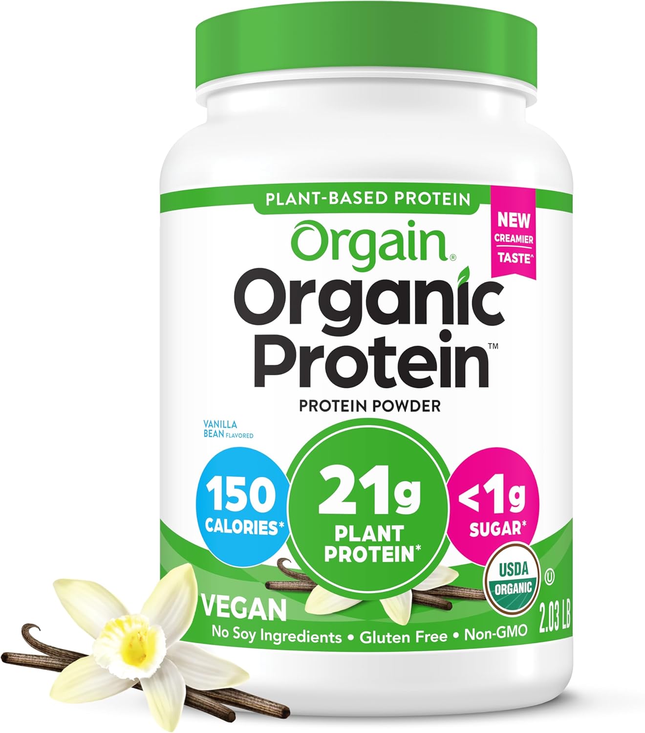 Orgain Organic Vegan Protein Powder, Vanilla Bean - 21g Plant Protein, 4g Prebiotic Fiber, No Lactose Ingredients, No Added Sugar, Non-GMO, For Shakes & Smoothies, 2.03 lb (Packaging May Vary)