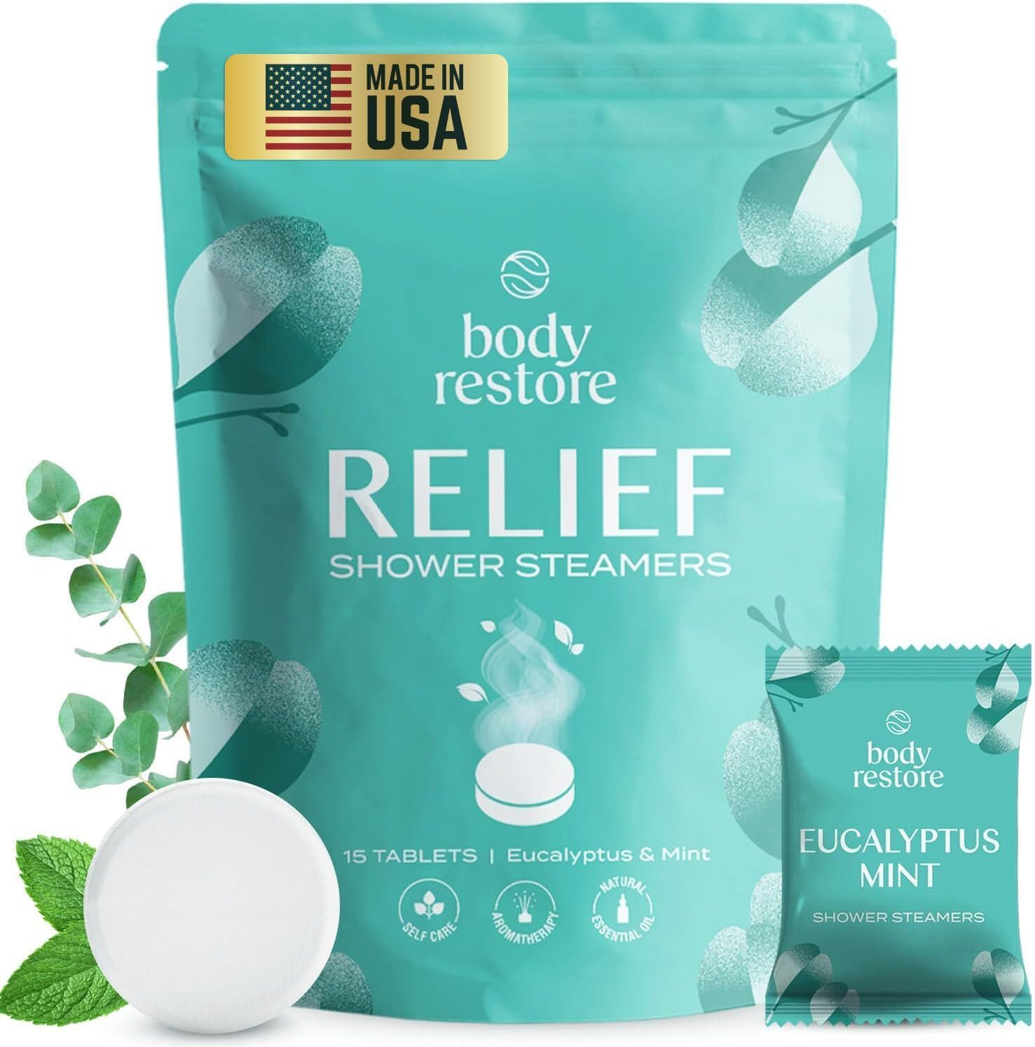 Body Restore Shower Steamers Aromatherapy 15 Pack - Christmas Stocking Stuffers for Men, Birthday Gifts for Women, White Elephant, Relaxation, Self Care - Eucalyptus