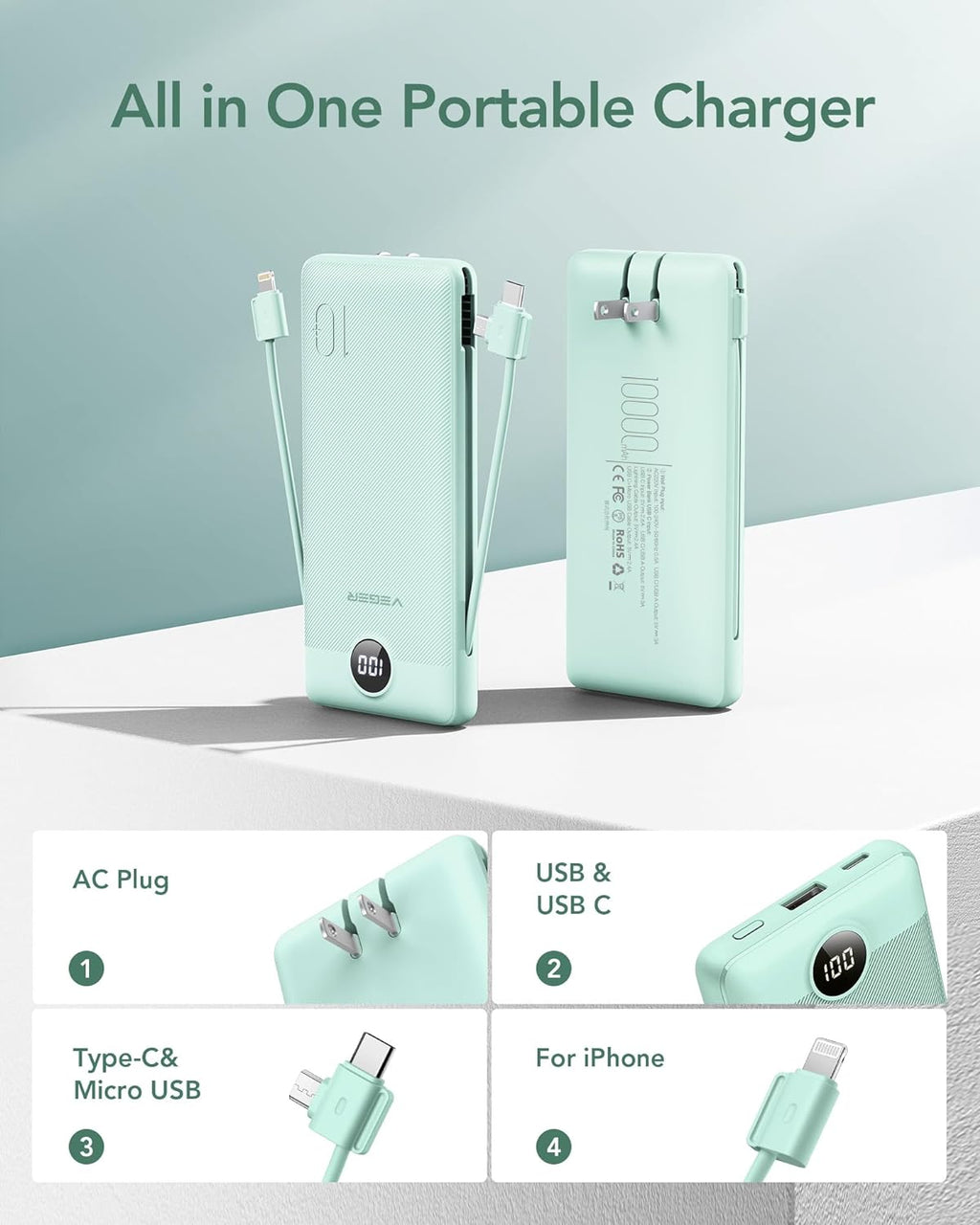 VEGER Portable Charger for iPhone with Built in Cables and Wall Plug, 10000mah Slim Fast Charging USB C Power Bank, Travel Essential Battery Pack Compatible with iPhone, iPad, Samsung etc(Green)