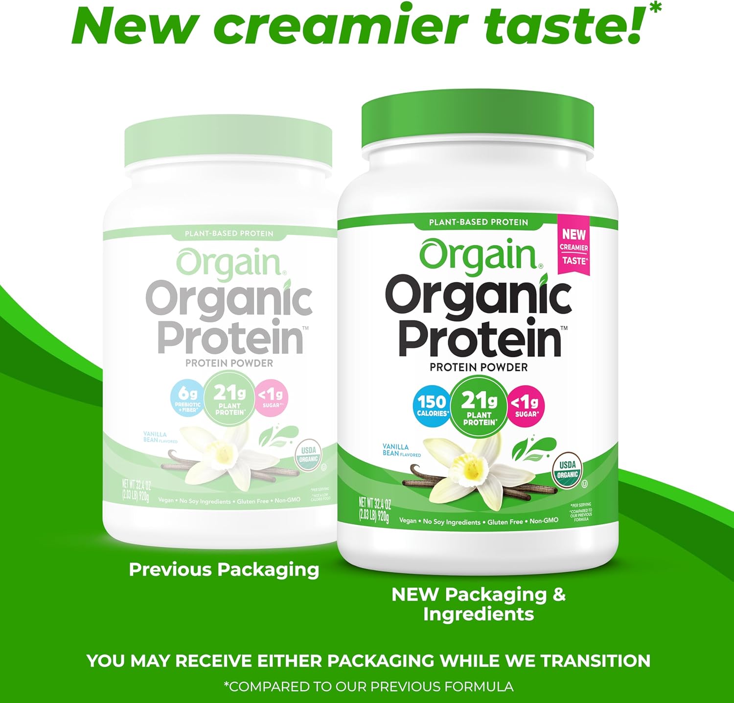 Orgain Organic Vegan Protein Powder, Vanilla Bean - 21g Plant Protein, 4g Prebiotic Fiber, No Lactose Ingredients, No Added Sugar, Non-GMO, For Shakes & Smoothies, 2.03 lb (Packaging May Vary)