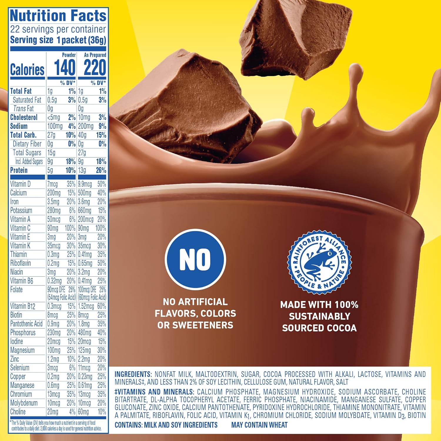 Carnation Breakfast Essentials Powder Drink Mix, Rich Milk Chocolate, 22 Count Box of 1.26 Ounce Packets